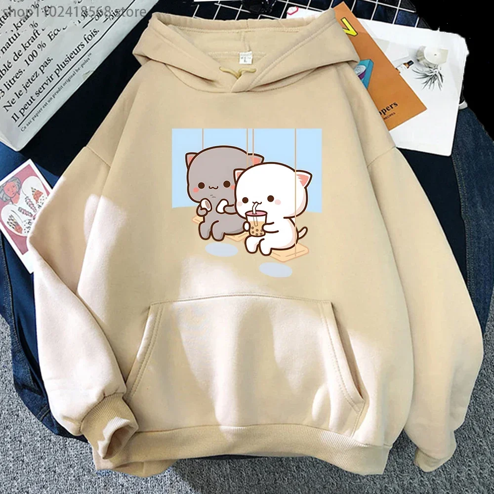 Cute Peach Cat Cartoon Hoodies Bubble Tea Sweatshirt Mujer Camisetas Black Top Winter Kawaii Graphic Long Sleeve Women Clothing