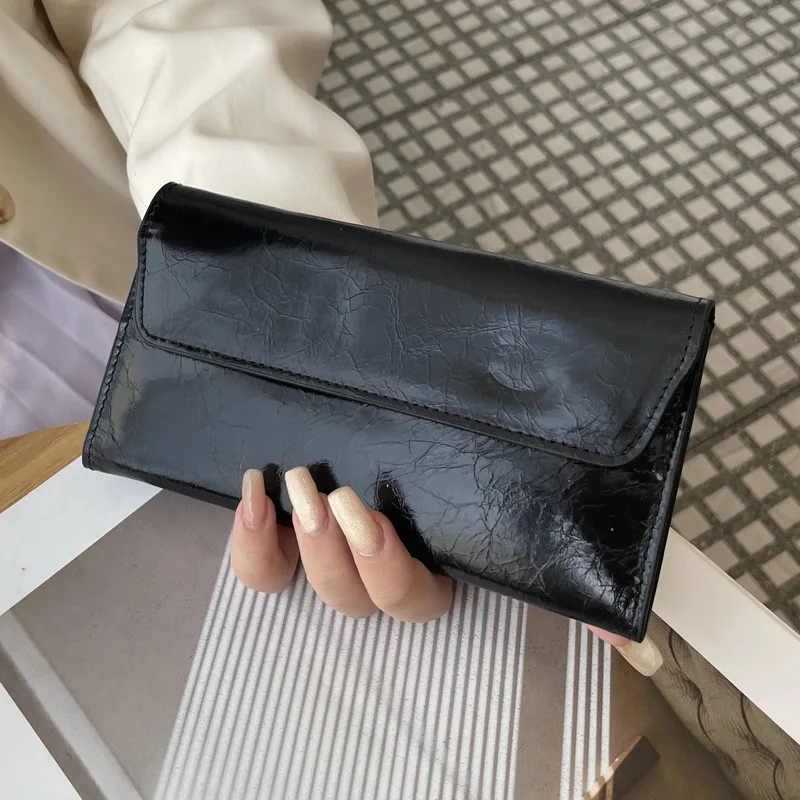 Card Holder Purse for Women Crackle Cow Leather Envelope Style Wallet Long Clutch for Evening Party Daily Use