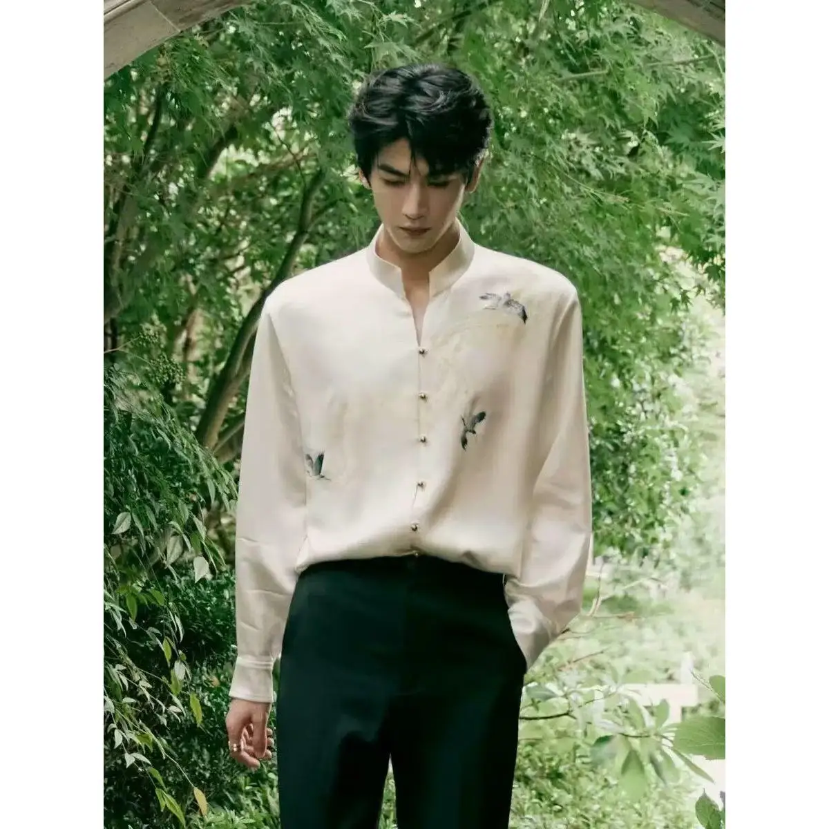 

New Chinese Style Men Women Long Sleeve Shirt Zhang Ling He Collar Stand up Fly Crane Embroidery Retro National Style Top