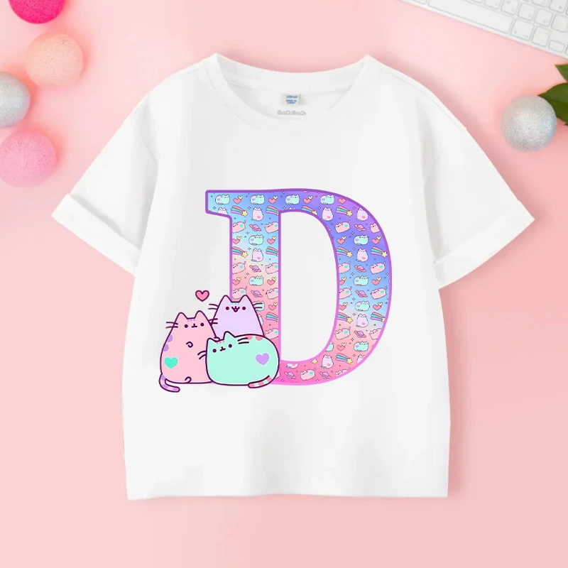 Pusheens Letter A-Z T-shirt Girls Anime Cat Tees Kids Summer Clothes Outdoor Sport Tops New Short Sleeve Children Gift Hot Sales