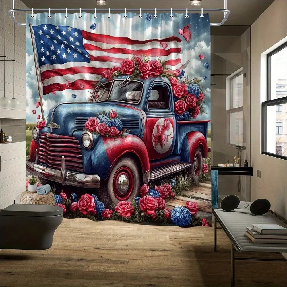 ~O~Vintage Patriotic Shower Curtain - American Flag & Roses, 72x72