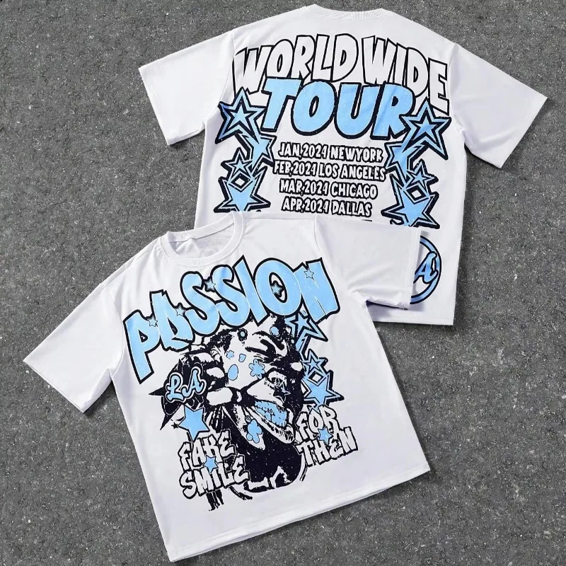 

New Double-sided 3D Printed Letters and Stars Pattern Loose Round Neck Short Sleeve Retro Street Breathable Quick-drying Top