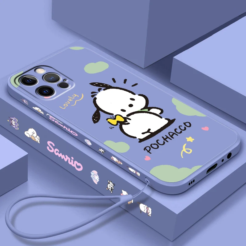 Pochacco Sanrio Cute Cloud Liquid Left Rope For Apple iPhone 15 14 13 12 11 XS XR X 8 7 SE Pro Max Plus Mini Cover Phone Case