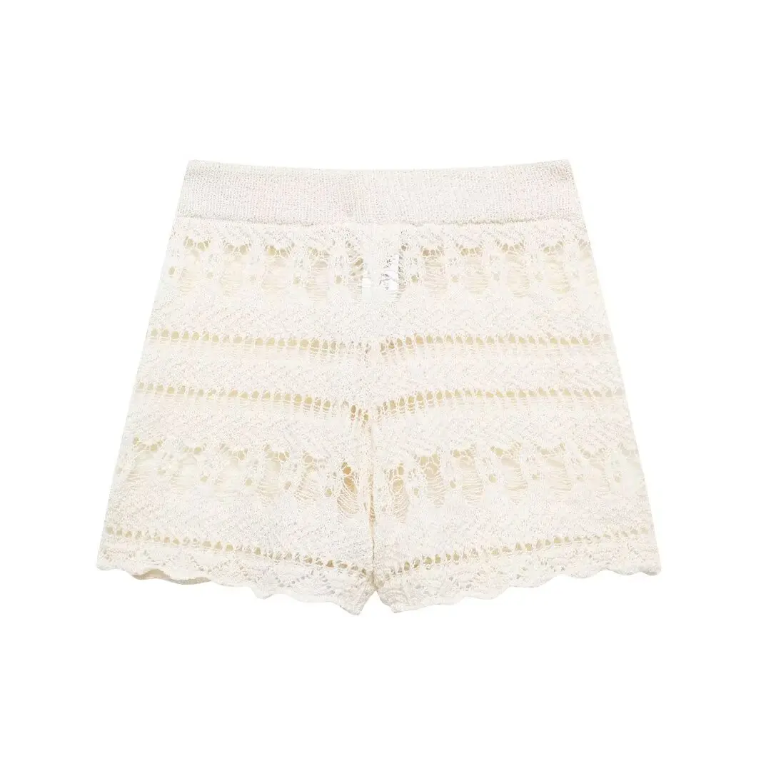 2024 ZAR4 Summer New Women\'s Clothing Style Fashion Hollow Knitted Crochet Top Crochet Shorts Set