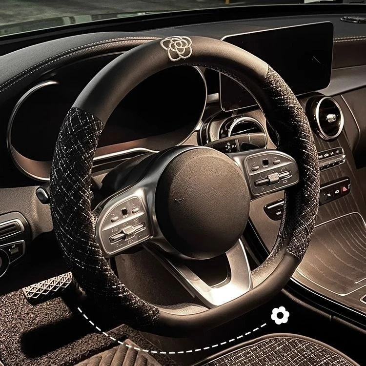 New Car Steering Wheel Cover for All Seasons, Women's Non-slip, Sweat-absorbent, Small Fragrance Camellia, Unisex Handlebar