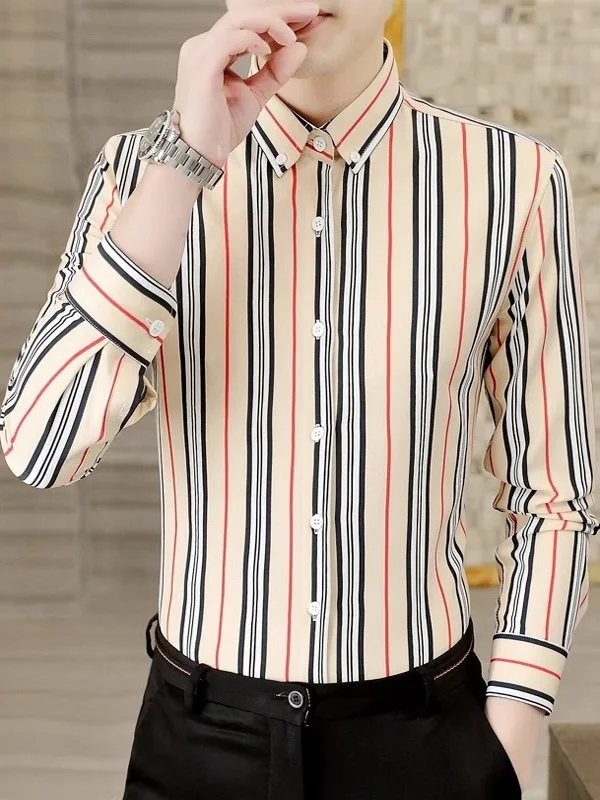 

Spring Faion Men's Light Busin Long Sve irt Trendy Striped Casual Stand Fit Iron Free Daily Wear