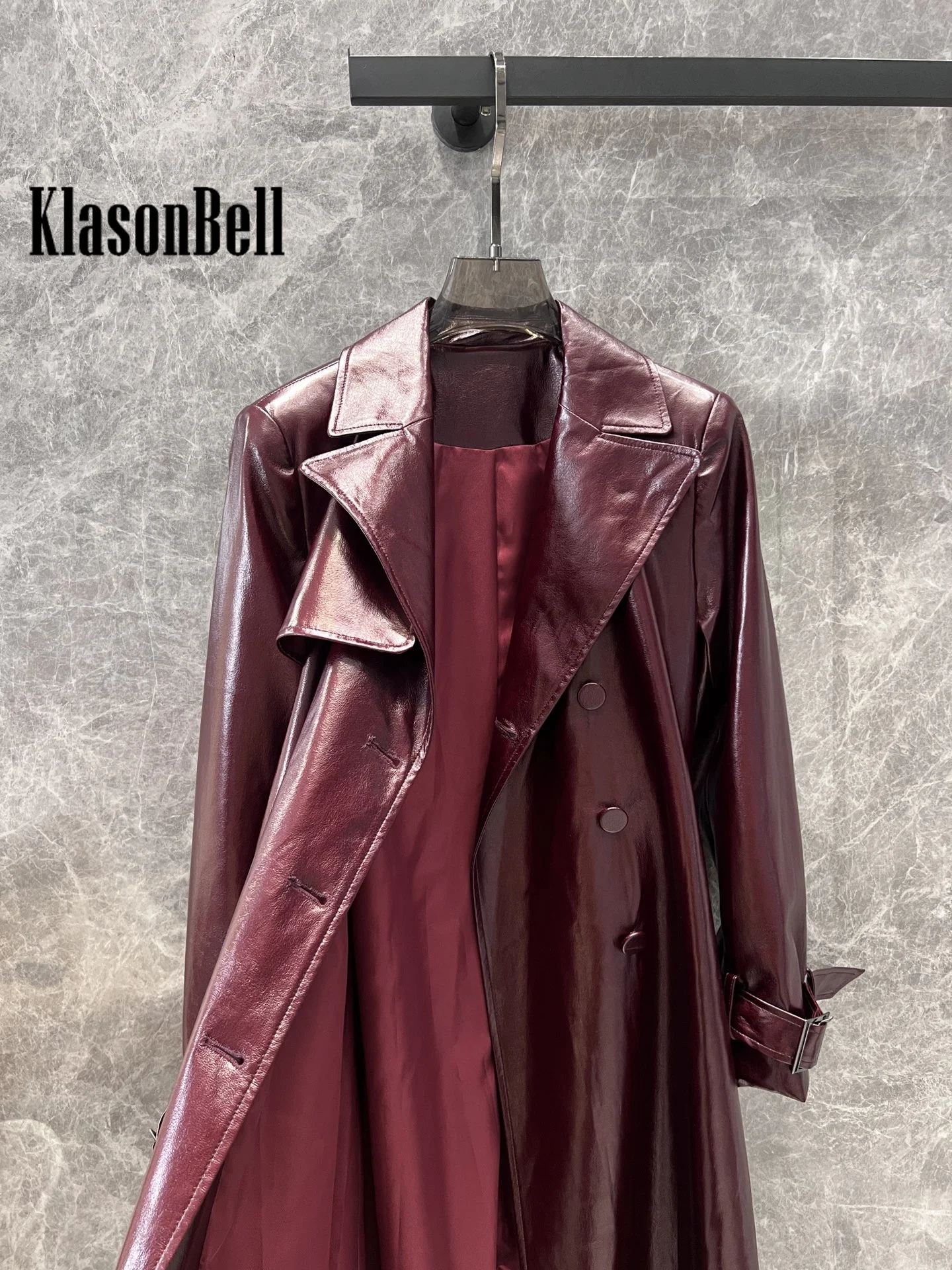 9.19 KlasonBell Women Clothes Vintage Pu Leather Sashes Mid-Length Trench Temperament Double Breasted Long Sleeve Outerwear