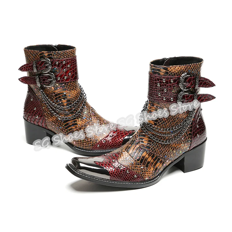 

Belt Bucklechunky Heel Motorcycle Boots for Men Punk Rivet Metal Chain Decor Metal Pointed Toe Boots Male High Top Dress Shoes