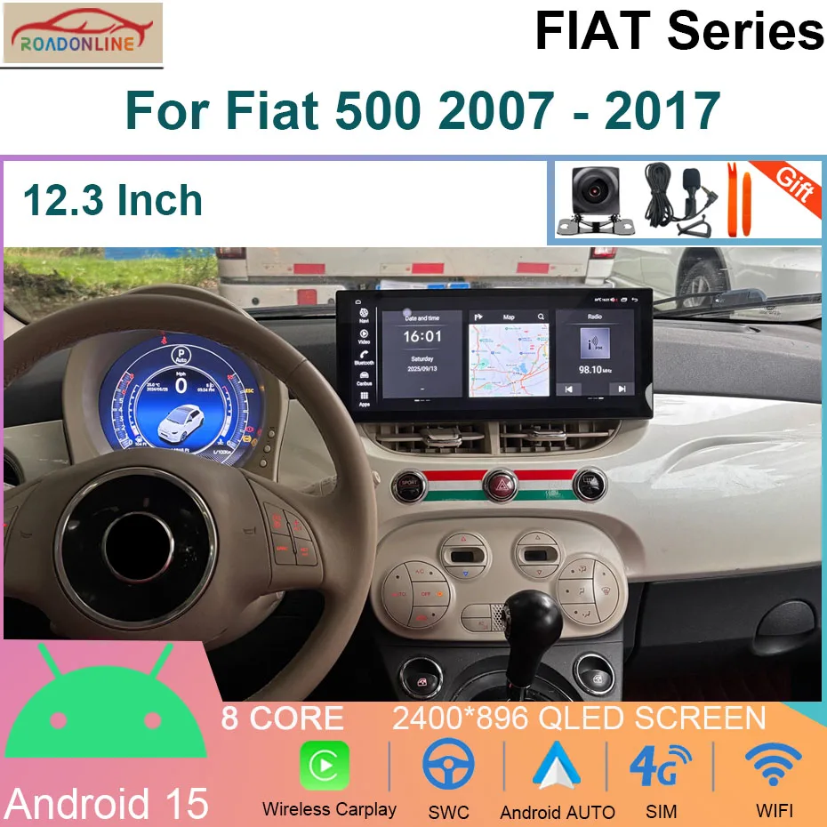 

12.3INCH Android15 For Fiat 500 2007 - 2017 Car Radio Multimedia Player Video Navigation Carplay Stereo GPS WIFI Android Auto