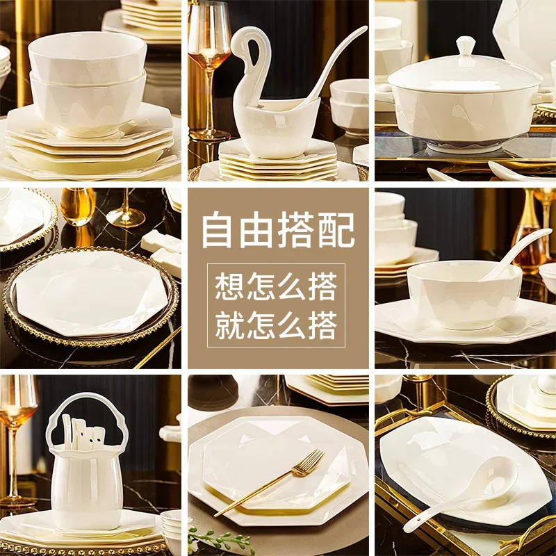 

Jingdezhen High-End Hotel Tableware Bone China High Leg Rice Bowl Noodle Bowl Plate Bowl and Dish Set Household