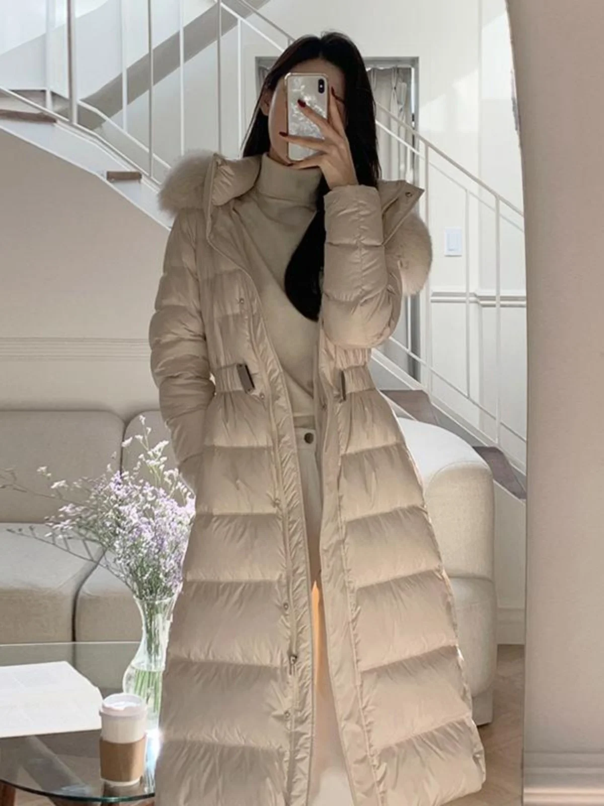 

Women's Long down Jacket Fur Collar Waist-Cinching Thick Warm Unique Beautiful Coat Korean Style Commute Fashion