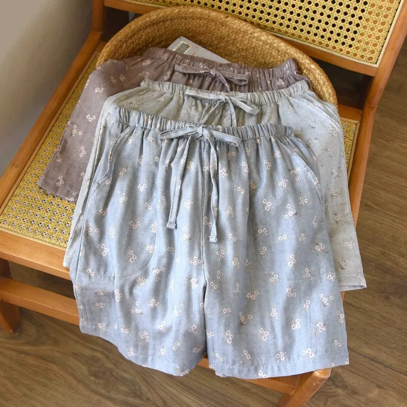 2026 New Women's Summer Shorts 100% Cotton Gauze Cute And Sweet Cherry Blossom Colorful Home Sleep Shorts Pants Women