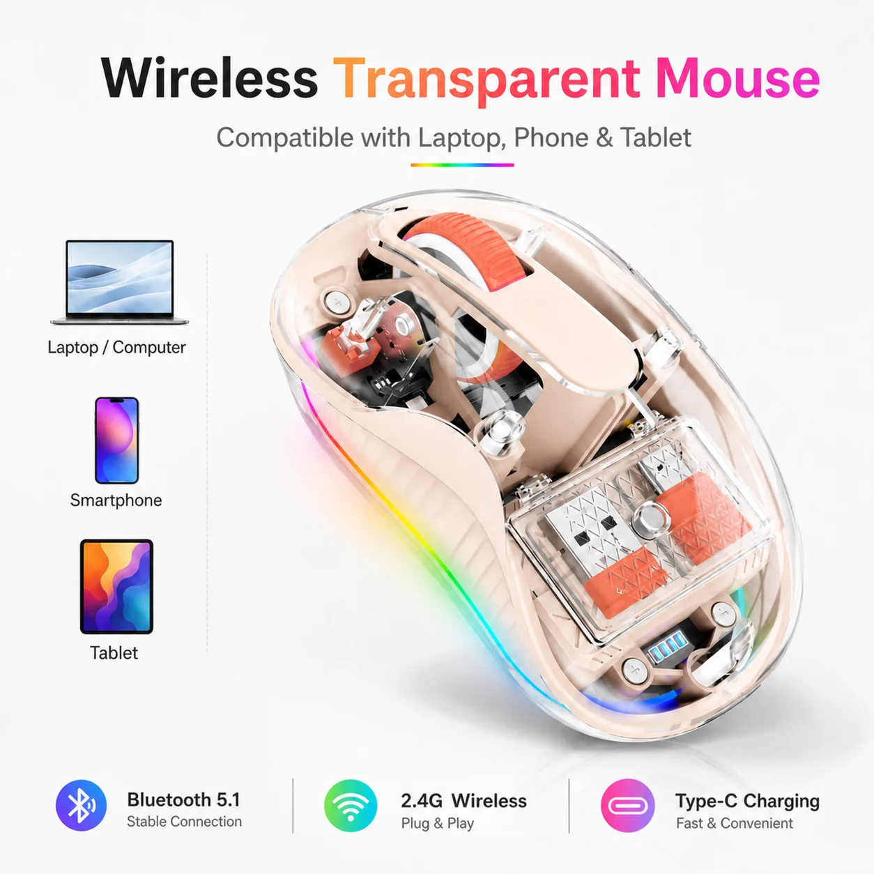 Transparent Bluetooth Wireless Mouse  Three-mode Magnetic Suction Mute Rechargeable Mouse For Tablet PC Notebook