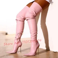 Super Pointy Toe Pink Long Boots Women Sexy Metal High Heels Stretch Thigh High Boots Winter Outfit Fashion Large Size Shoes