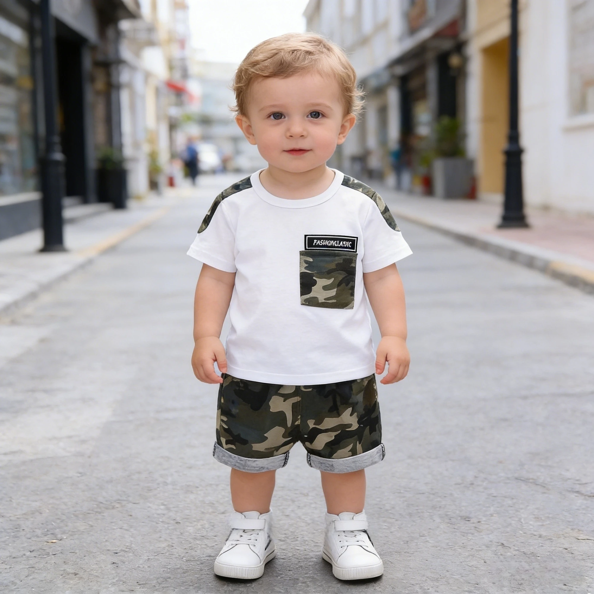 Summer Baby Boys Outfit Camo Splicing Short Sleeve T-shirt + Camouflage Rolled Hem Shorts 2 Piece Set