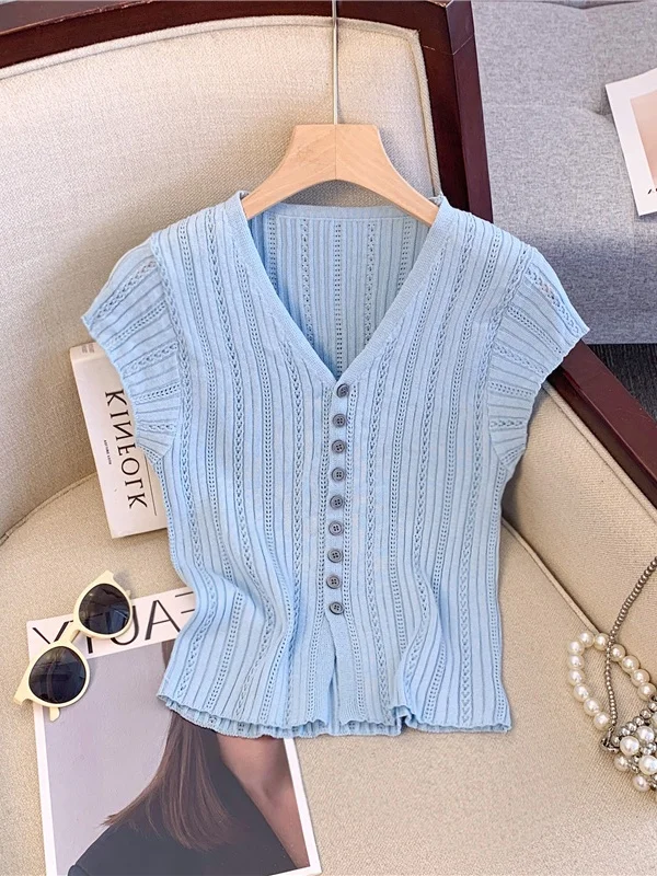 

Lightweight Soft Ice Silk Knitted V-Neck Sleeveless Top with Hollow out Design And Button Detailing for Women Summer Sweet Style