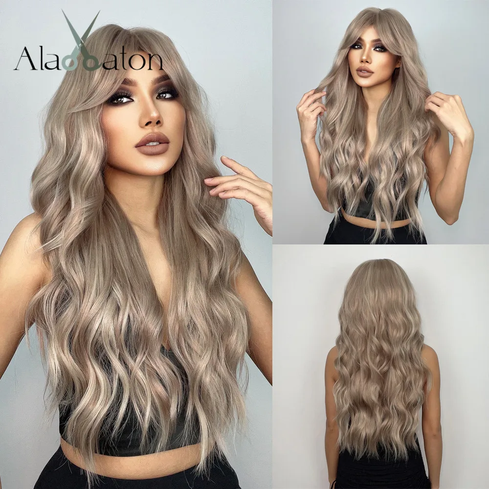 ALAN EATON Long Ash Blonde Wig for Women Synthetic Blonde Wave Hair Wigs with Bangs Natural Light Brown Daily Heat Resistant Wig