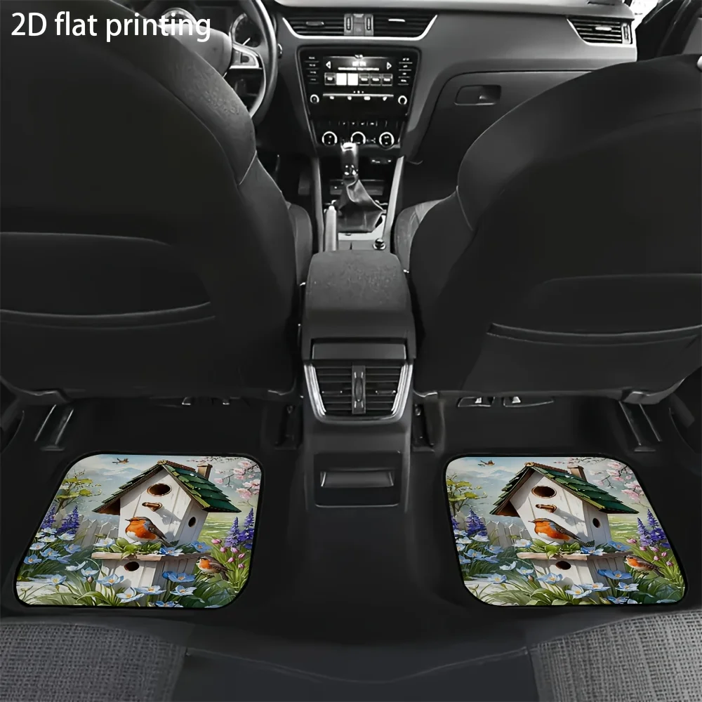 4pcs Car Floor Mats, Spring Garden Birdhouse Design, Made Of Polyester Fiber, Universal Car Mats, Automotive Interior Additions,