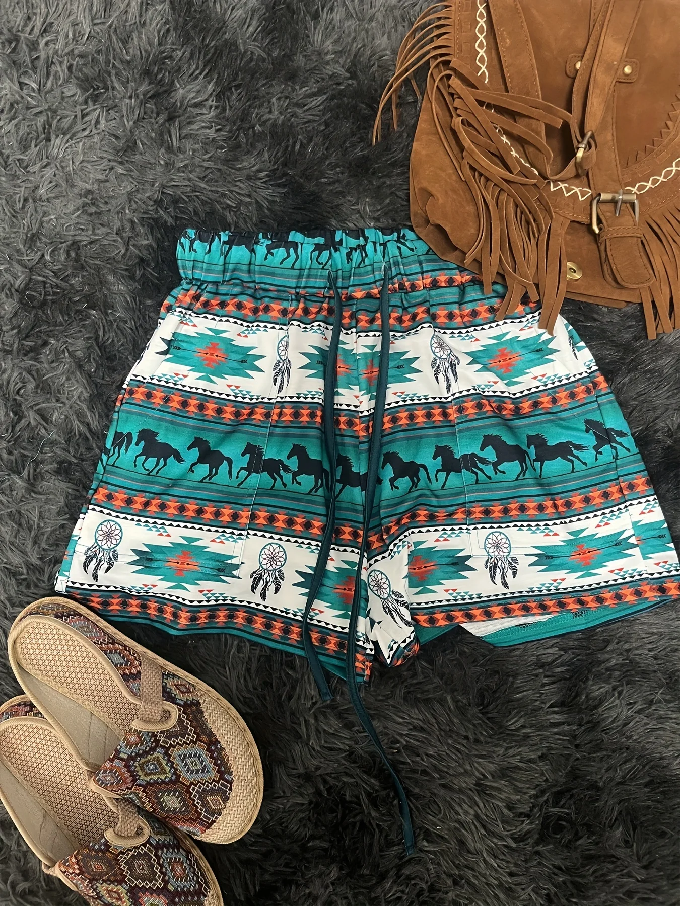 กางเกงขาสั้นพิมพ์ลายเรขาคณิตย้อนยุคสไตล์ตะวันตกสำหรับผู้หญิง