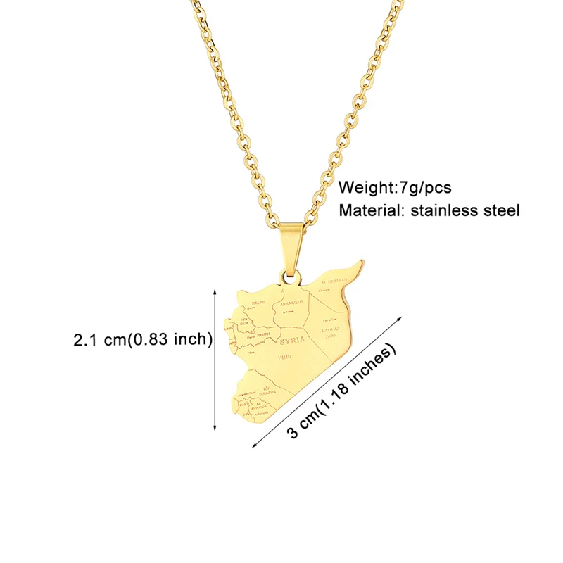 New Syria Map With City Name Pendant Necklace For Women Men Gold Silver Color Stainless Steel Syrians Middle East Patriotic Gift