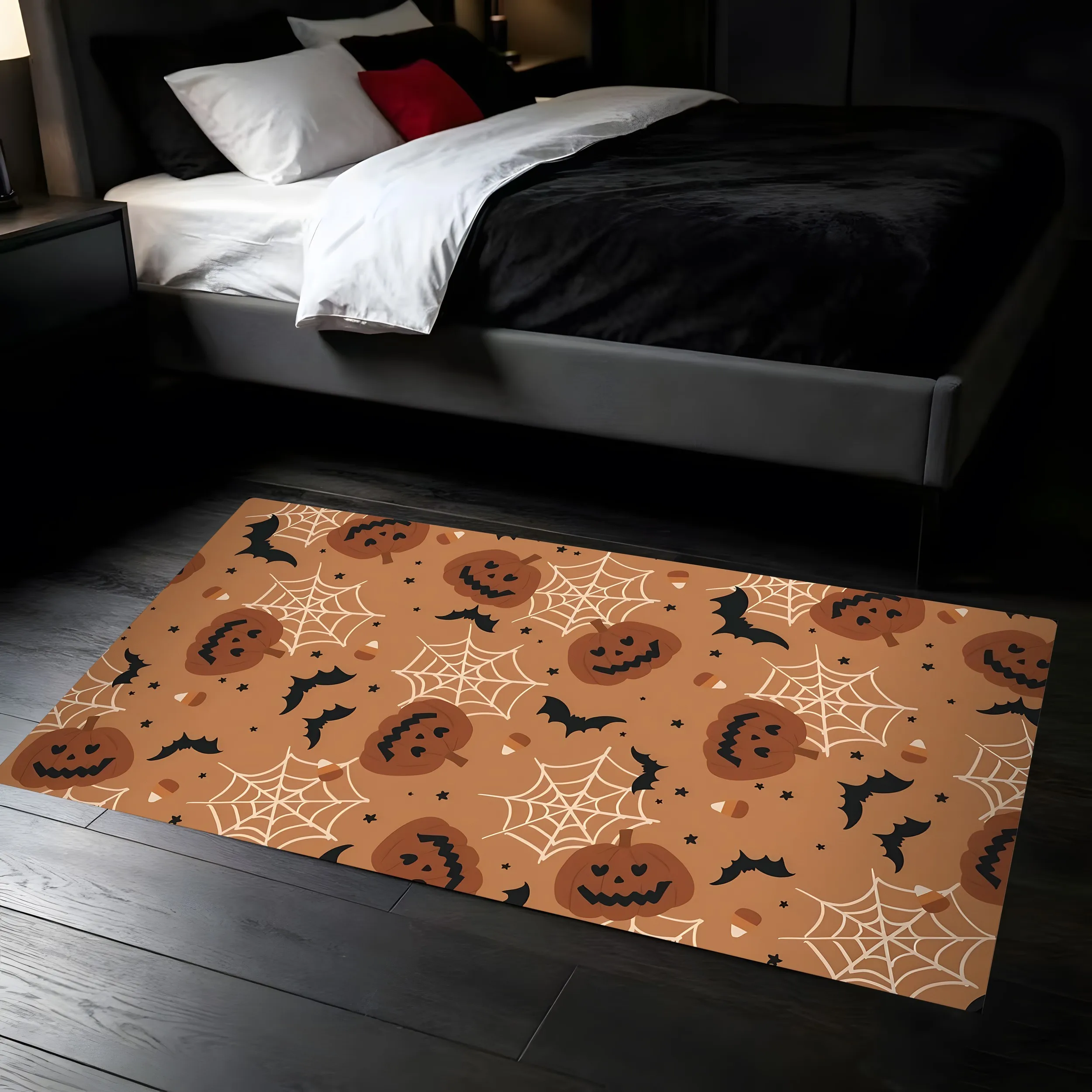 Velvet Pumpkin Bat Spider Web Funny Halloween 2D Rug for Living Room and Bedroom, Warm Cozy