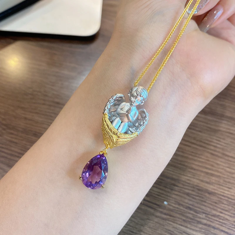 New Greece Myth Aesthetics Design Purple Crystal Cure Raphael Pendant Necklaces For Women Exquisite Cute Angel Christmas Gifts