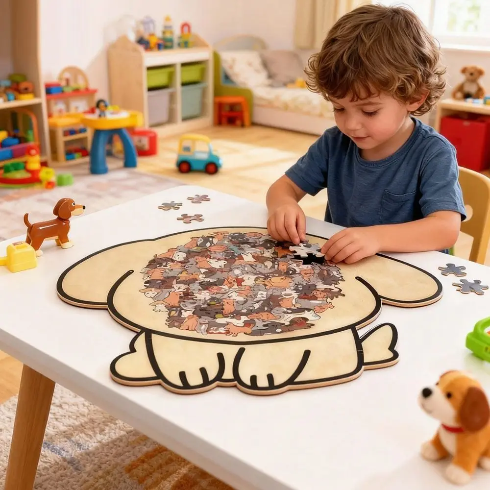 

Деревянный пазл с щенками в цветах макарон, нерегулярные формы, контур щенка, детали пазла в виде щенков, мультяшный дизайн