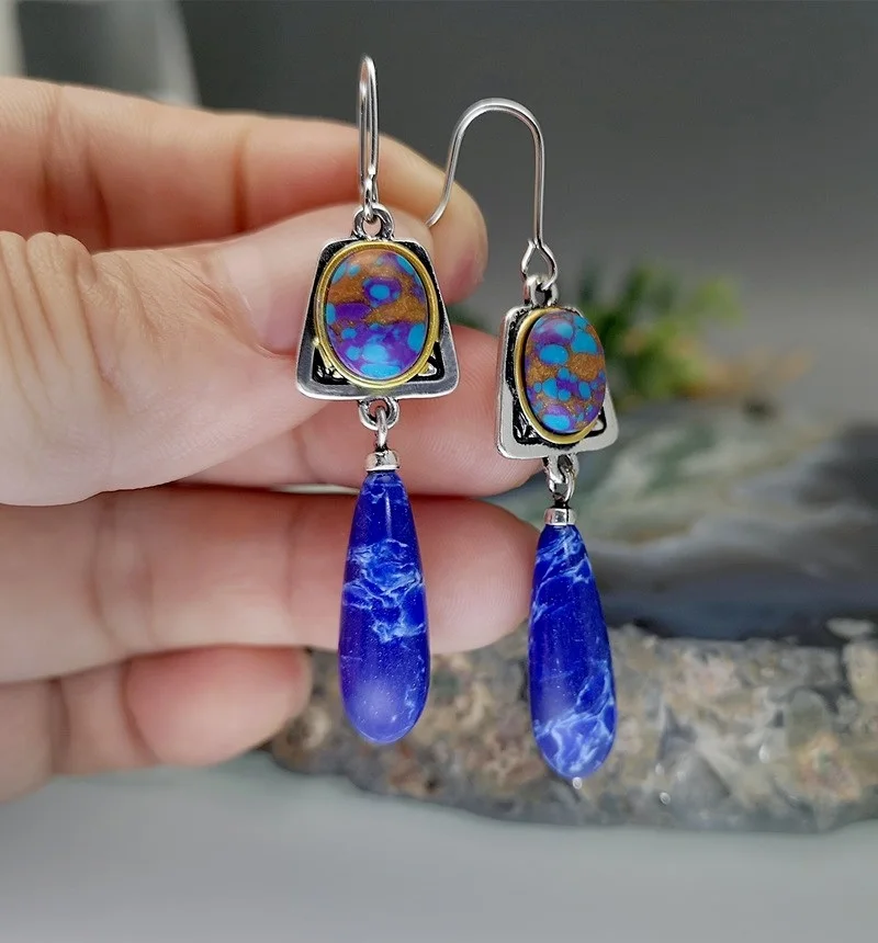 Bohemian Style Lapis Lazuli stone Dangle Hook Earrings Wedding Engagement Earrings for Women