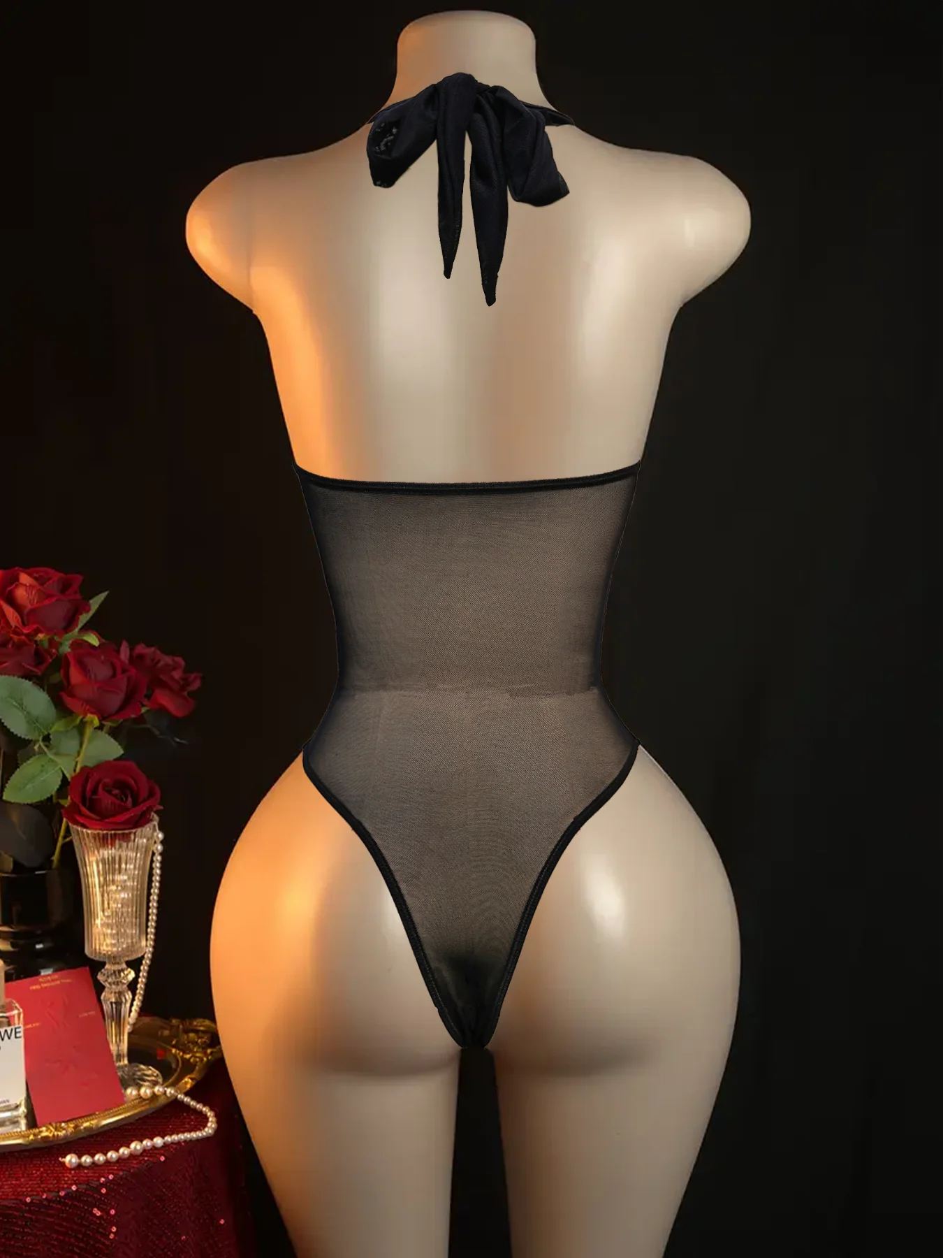 Women Deep Blue Floral Lace Underwire Teddy Lingerie, See Through Mesh Cutout Bodysuit With Garter Belts