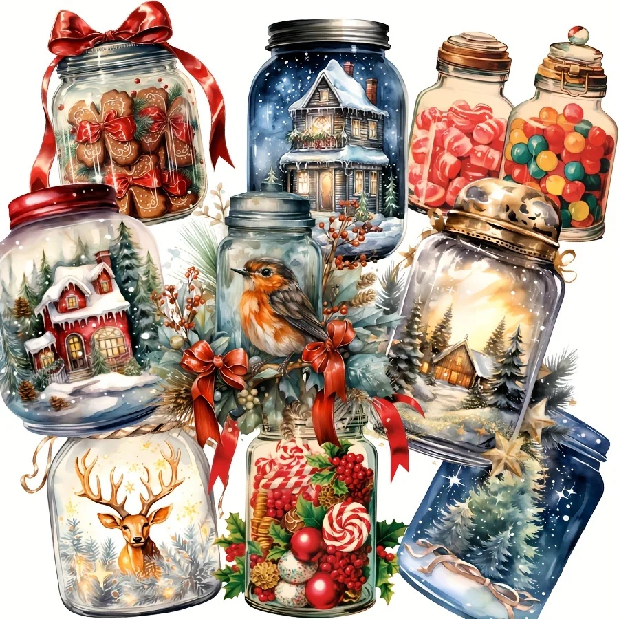 JAIIMAN90pcs-99pcs Christmas Sticker with Forest Animal Mason Jars,Candy Jar, Snownight Pot, Golden Bottle Patterns, Junkjournal