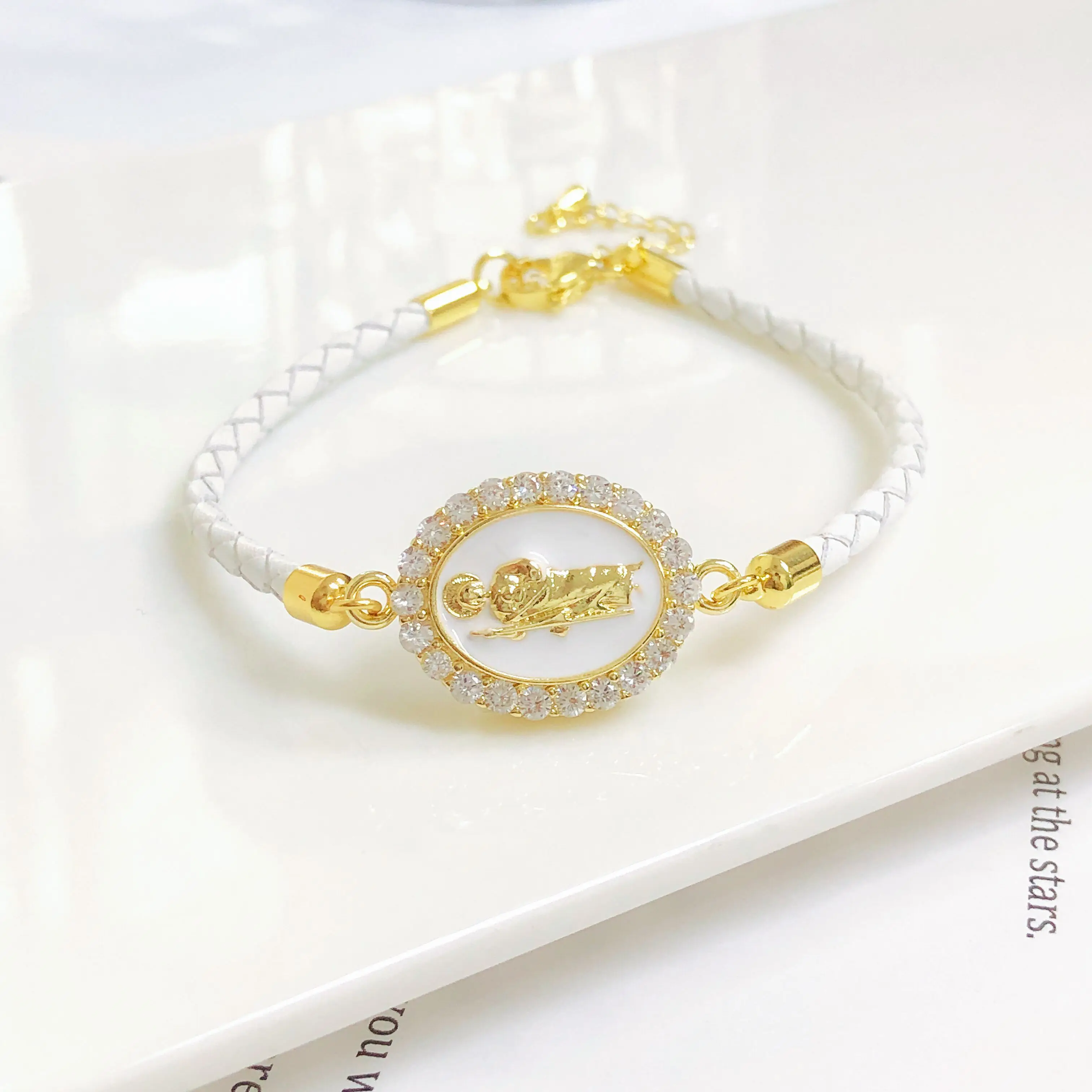 Nowa Modna Skórzana Pleciona Bransoletka z Figurką Religijną Matki Boskiej Świętego Jana Chrzciciela z Cyrkonią dla Kobiet i Mężczyzn, Biżuteria na Imprezę, Prezent Urodzinowy