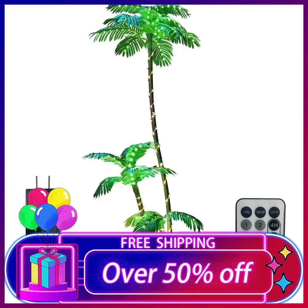 Artificial Palm Tree Christmas Tree 7Ft 3Trunks 260LED Lighted Simulation Tropical Palm Tree Fake Plant Light for Patio Home