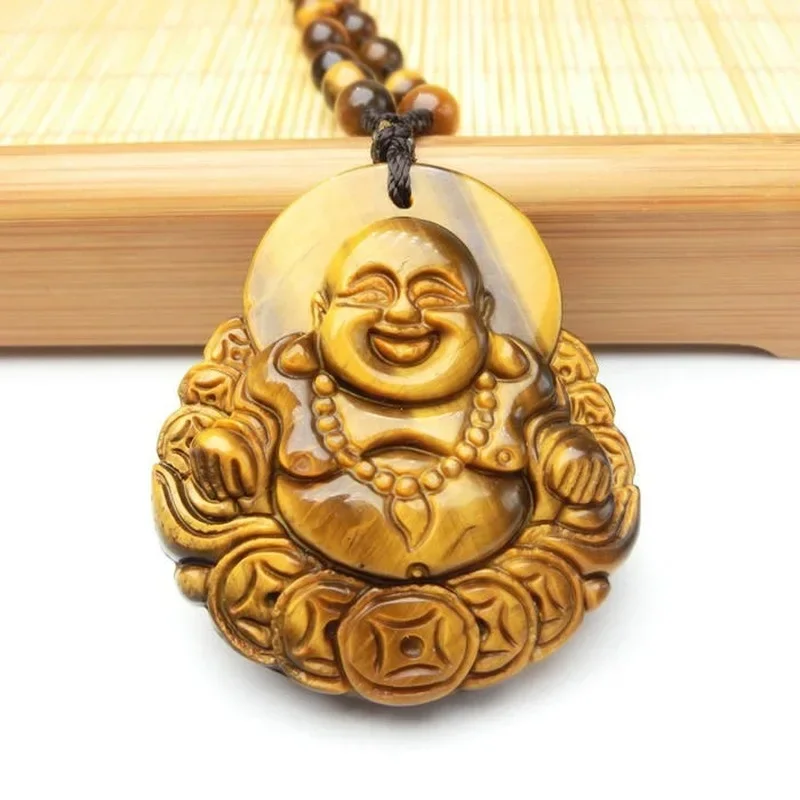 

Natural Tiger Eye Stone Jade Money Buddha Pendant Necklace Fashion Jewelry Carved Amulet Luck Gifts for Women Men Sweater Chain