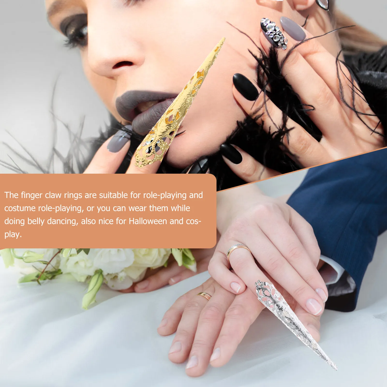10Pcs Alloy Hollow Out Nail Ring Set Fingernail Claw Decorations for Women Performance Dance Cosplay Festival Costume