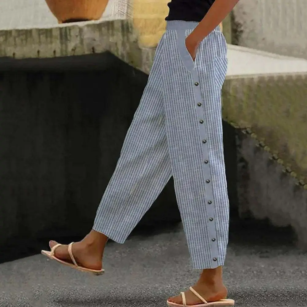 

Breathable Straight-leg Pants Striped Print Loose Fit Pants with Elastic Waistband Side Buttons Pockets for Women Summer