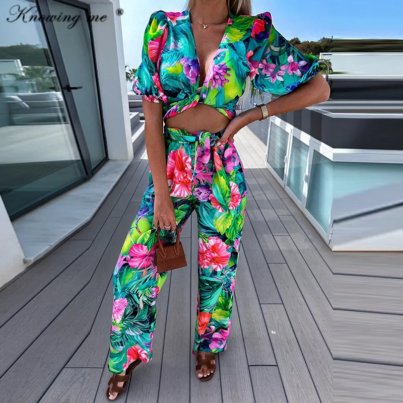 

Floral print Two Piece set Suit Women Sexy V-neck Crop Top and Lace-up Long Wide leg Pant Outfit Elegant Fashion tracksuit Sets