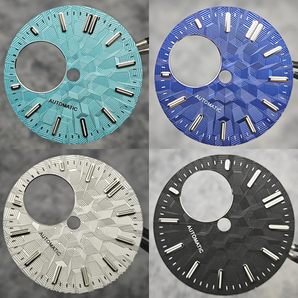 NH38 الطلب 28.5 مللي متر نسيج هندسي ساعة الطلب الأخضر مضيئة ساعة الغوص وجوه ل NH38 حركة تعديل ساعة اكسسوارات