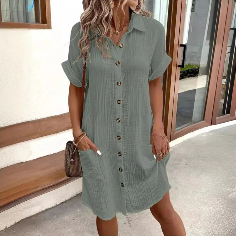 Abito camicia estivo solido da donna Semplice manica corta Colletto rovesciato Abiti larghi da donna eleganti casual monopetto