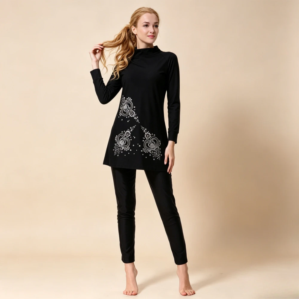

Women 2PCS Rhinestone Print Burkini Swimwear High Neck Long Sleeve Tunic Top Full Length PantsMuslim Bathing Suit Beach Swimwear