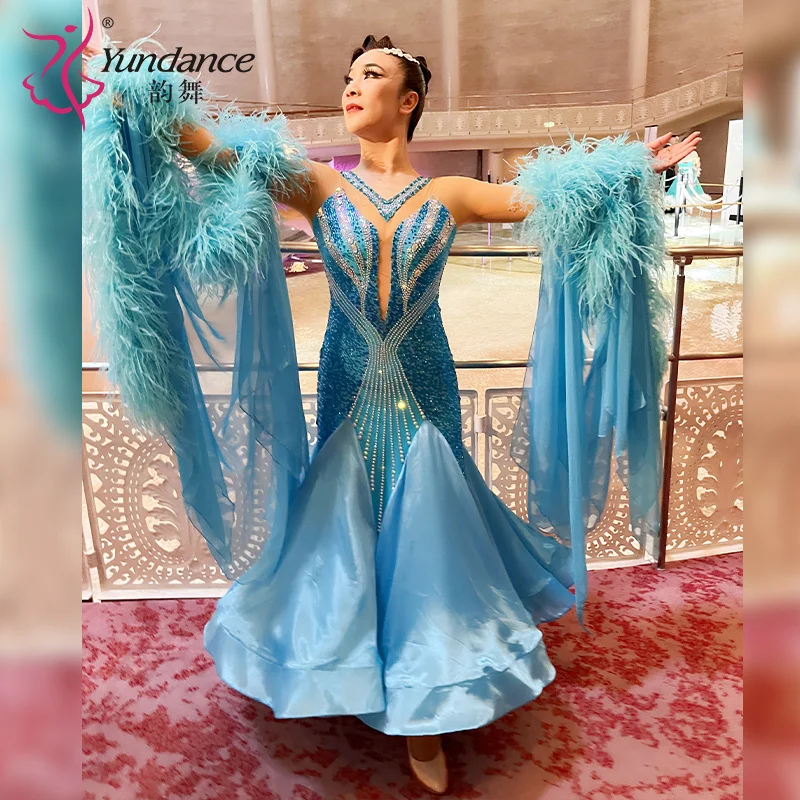 

B-25002 Custom new competition ballroom dance dress high quality Chrisanne fabric feathers ballroom dance dresses for sale