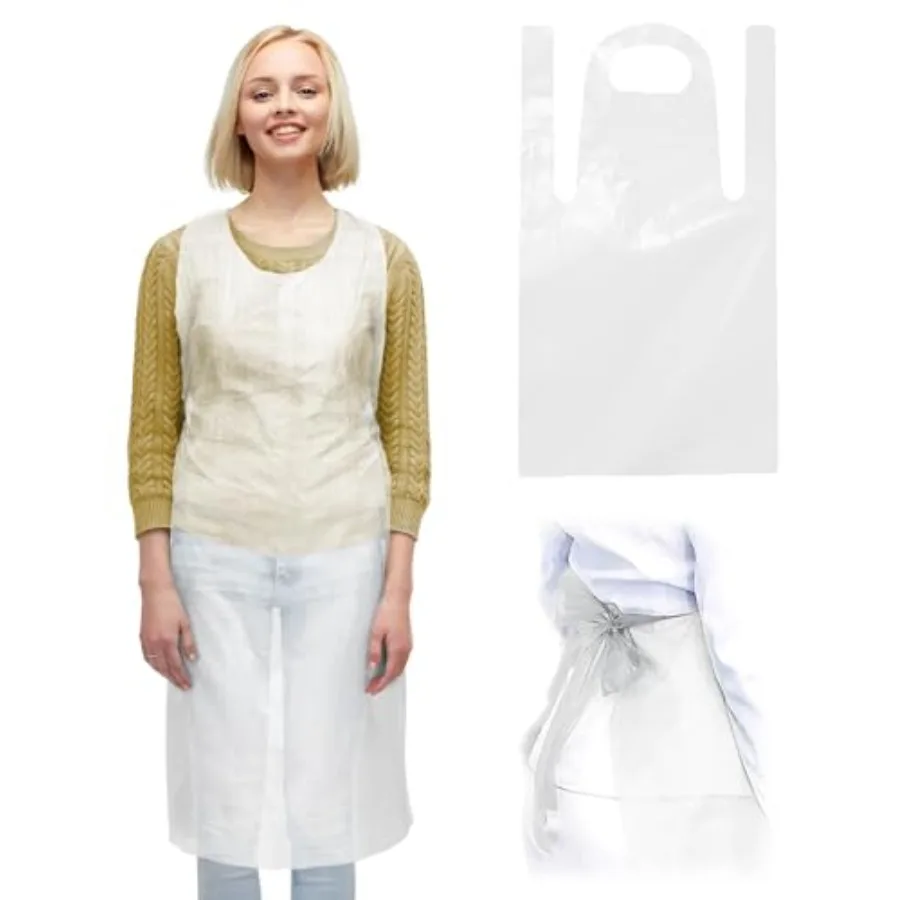 

White Plastic Disposable Aprons Adults for Painting 28 x 46 Inches. Pack of 100 Disposable Plastic Aprons 1 Mil. Unisex Waterpr
