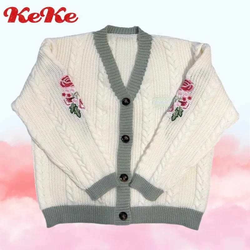 

Flower Embroidery Cardigan Sweater Women Beige All-match Warm Women's Clothing Winter Single Breasted V-neck Knitted Cardigans