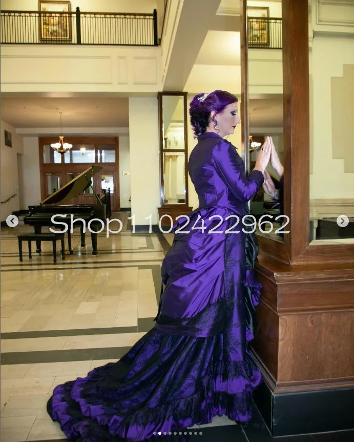 Black Purple Gothic Victorian Wedding Dresses with Long Sleeve Jacket Ruched Ruffles Steampunk Bustle Corset Bridal Gown