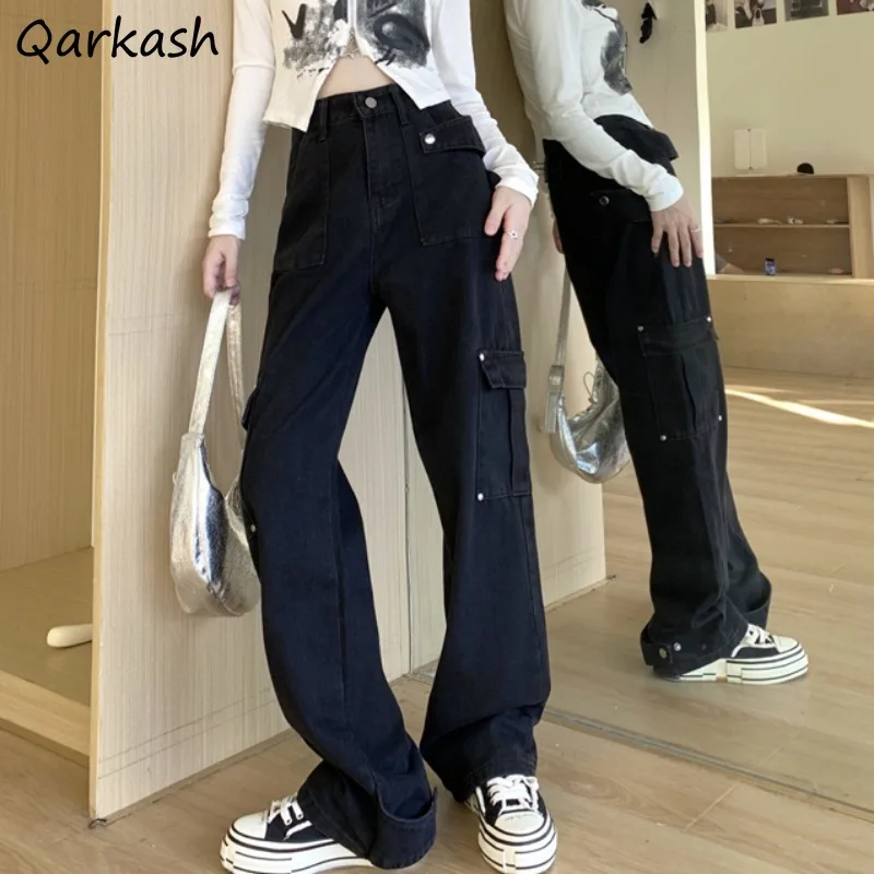 Cargo Jeans Women American High Street Vibe Straight Baggy Black Jean Y2k Techwear Hip Hop Hipster Wide Leg Streetwear Chic Ins