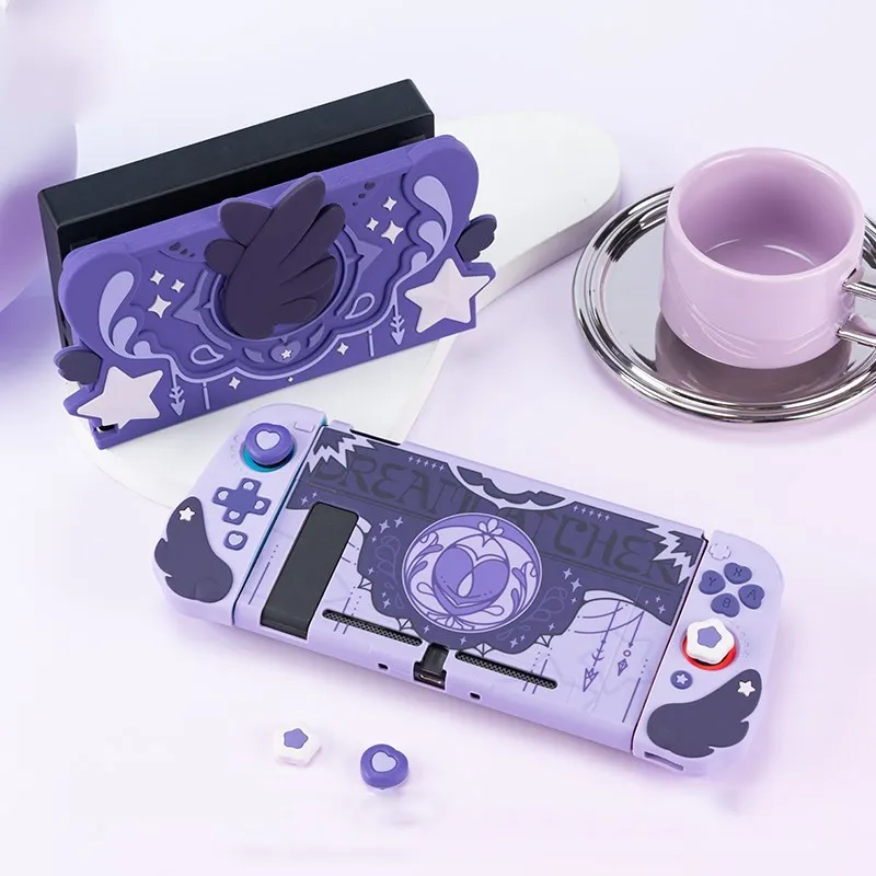 

Geekshare Protective Case Dock Cover Thumb Grip Caps set For Nintendo Switch OLED Joy Con Wing Star Dark Cover- Star Series Gift