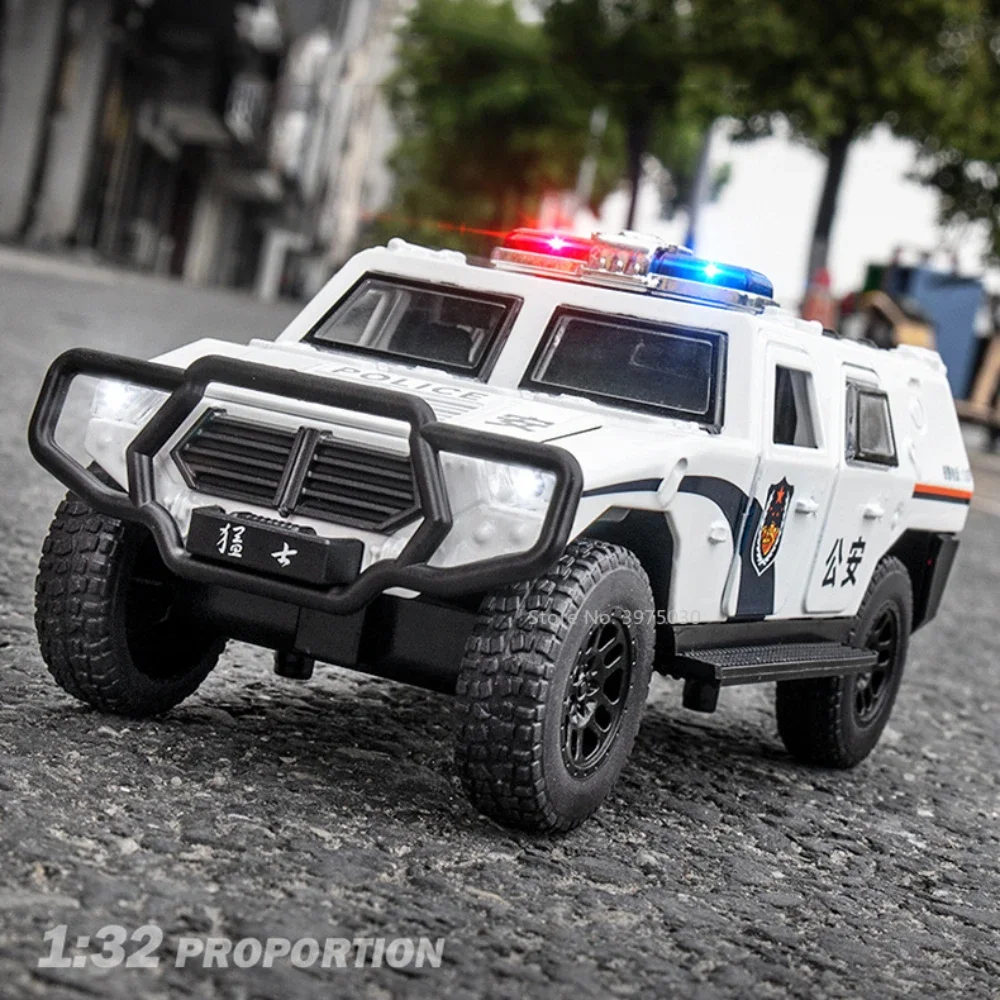 1:32 Dongfeng M-Terrain Police Car Miniature Model Alloy Diecast Off Road Vehicle Sound Pull Back Toy for Children Birthday Gift