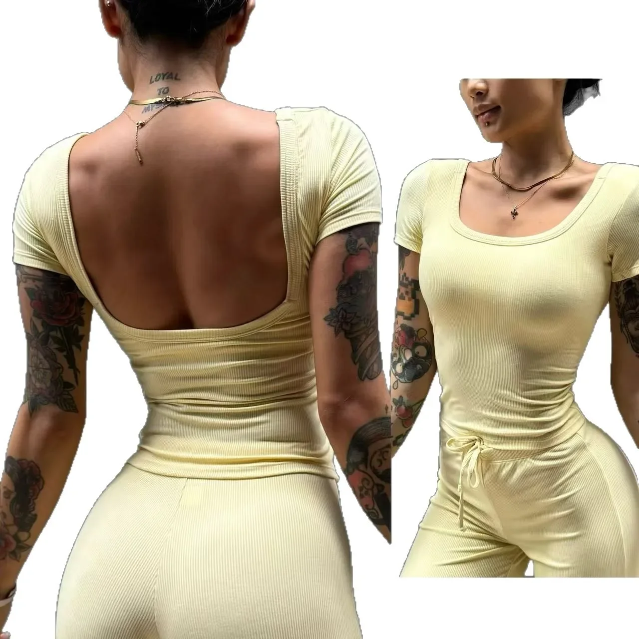 مع وسادة الصدر جميلة الظهر الرسن U-n eck مثير الرياضة اللياقة البدنية اليوغا لباس خارجي قصيرة الأكمام للنساء مرونة عارية