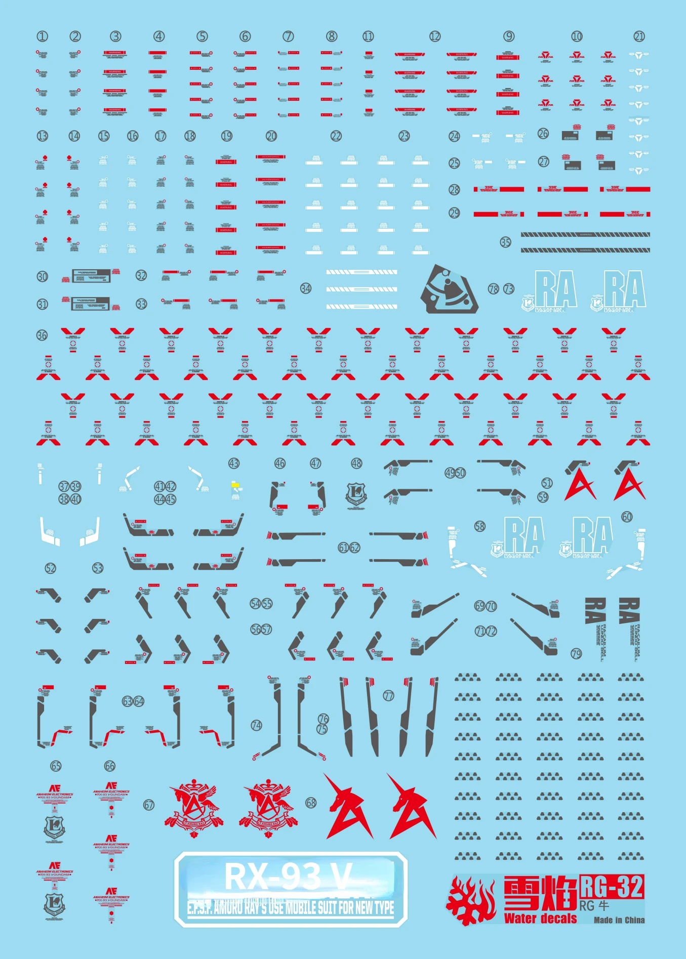 Flaming Snow RG-32 High Precision Fluorescent Waterslide Decals Fit RG 1/144 RX-93NT Nu Model Kit DIY Upgrade Detail Stickers
