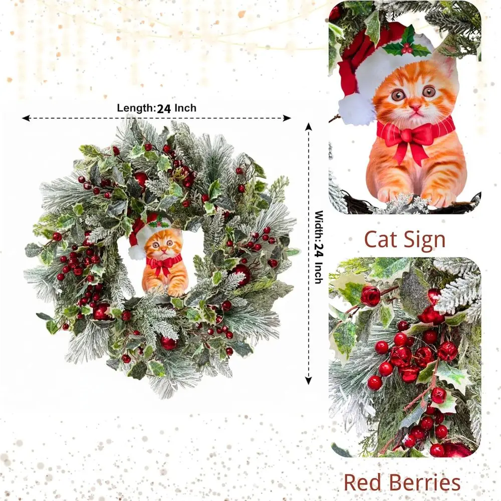 24 إكليل عيد الميلاد المضيء مع الأرز المتدفق والصنوبر والأحمر ولمسات ومؤقت للباب أو الحائط أو رف