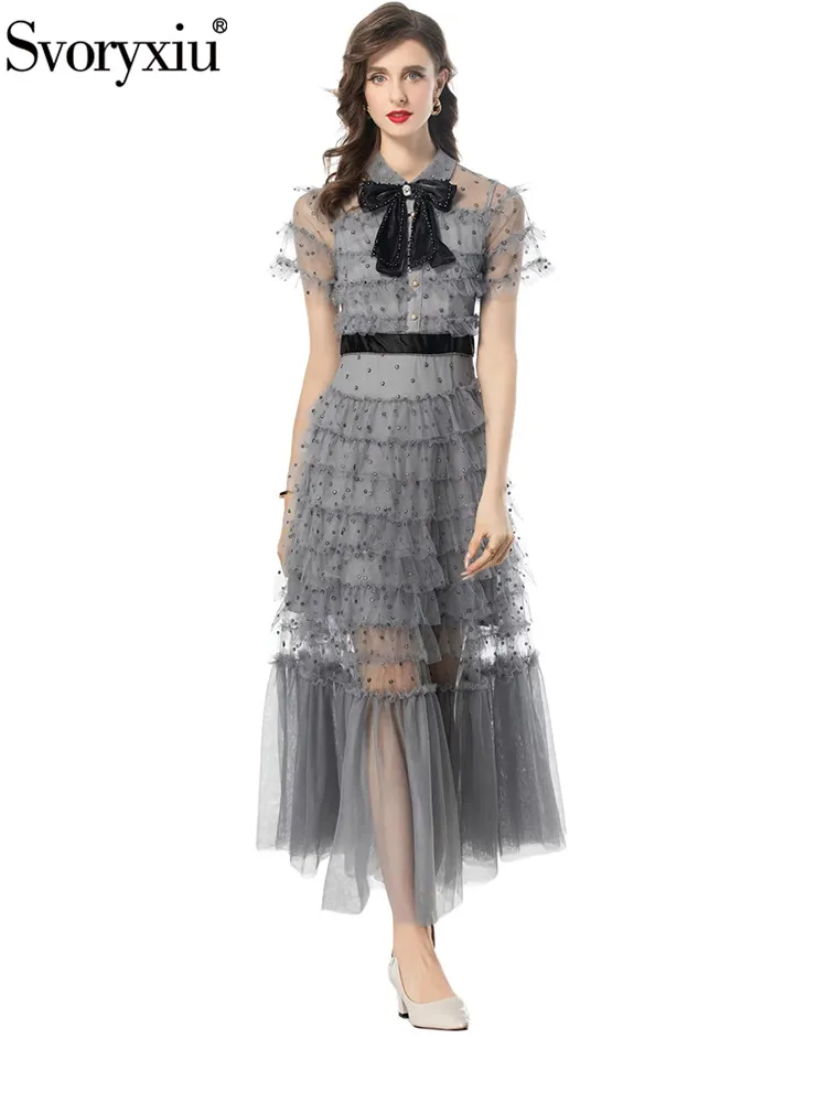 

Svoryxiu Fashion Runway Summer Grey Net Yarn Long Dress Women's Turn-down Collar Diamond Butterfly-knot Cascading Flounces Dress